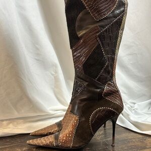 ALDO Vintage Patchwork Brown Stiletto Boots